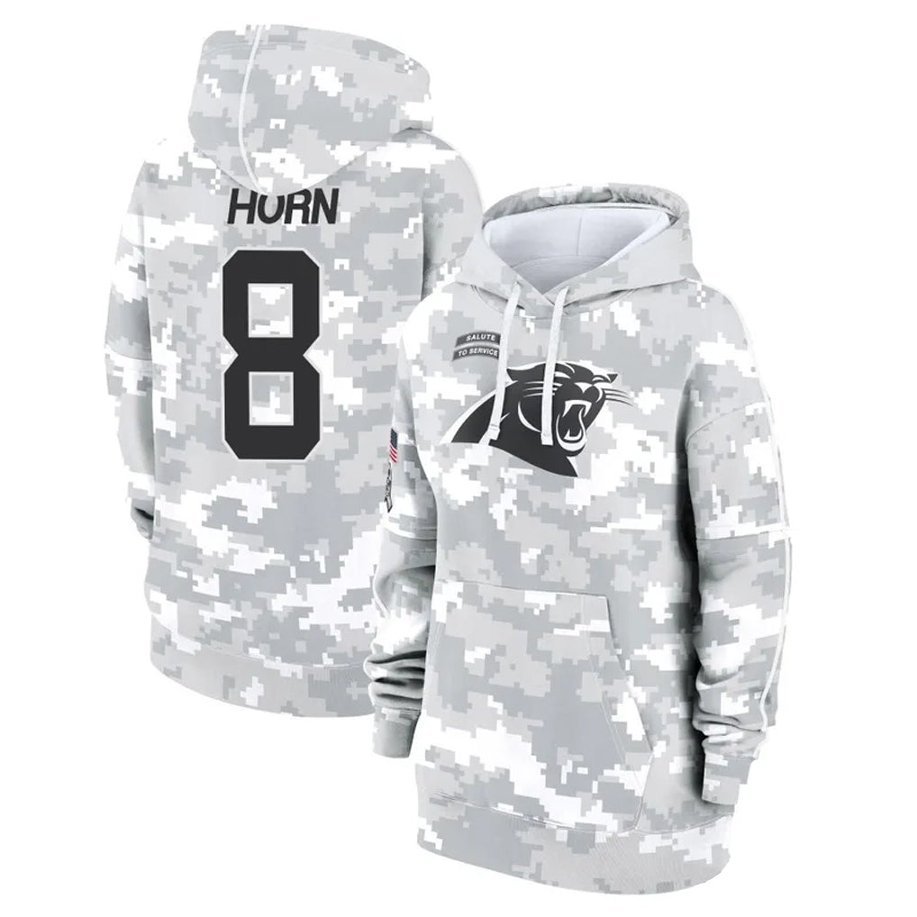 Tlead C.Panthers #8 Jaycee Horn Player Arctic Camo Salute to Service Hoodies Stitched Jerseys