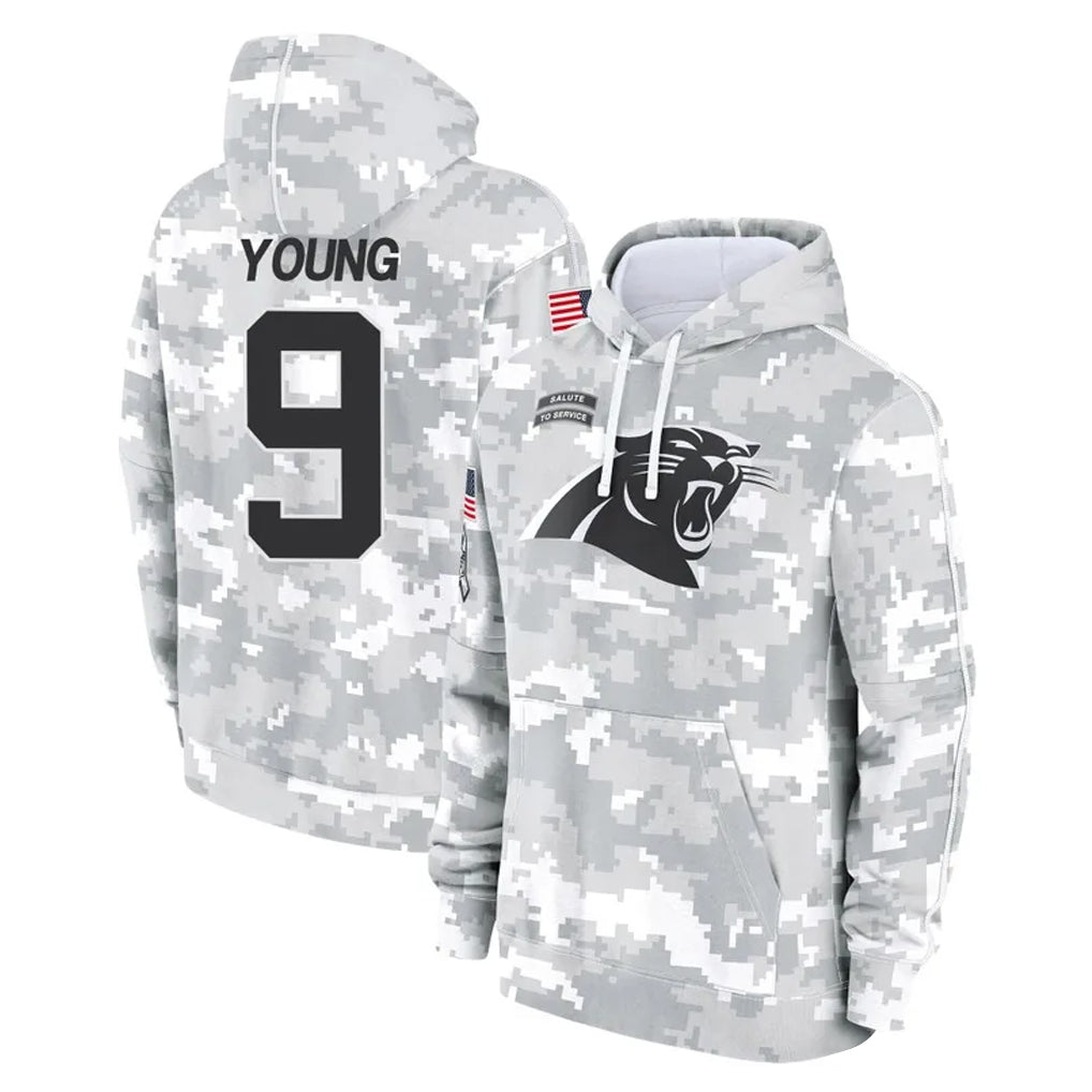 Tlead C.Panthers #9 Bryce Young Player Arctic Camo Salute to Service Pullover Hoodies Limited Game Stitched Jerseys