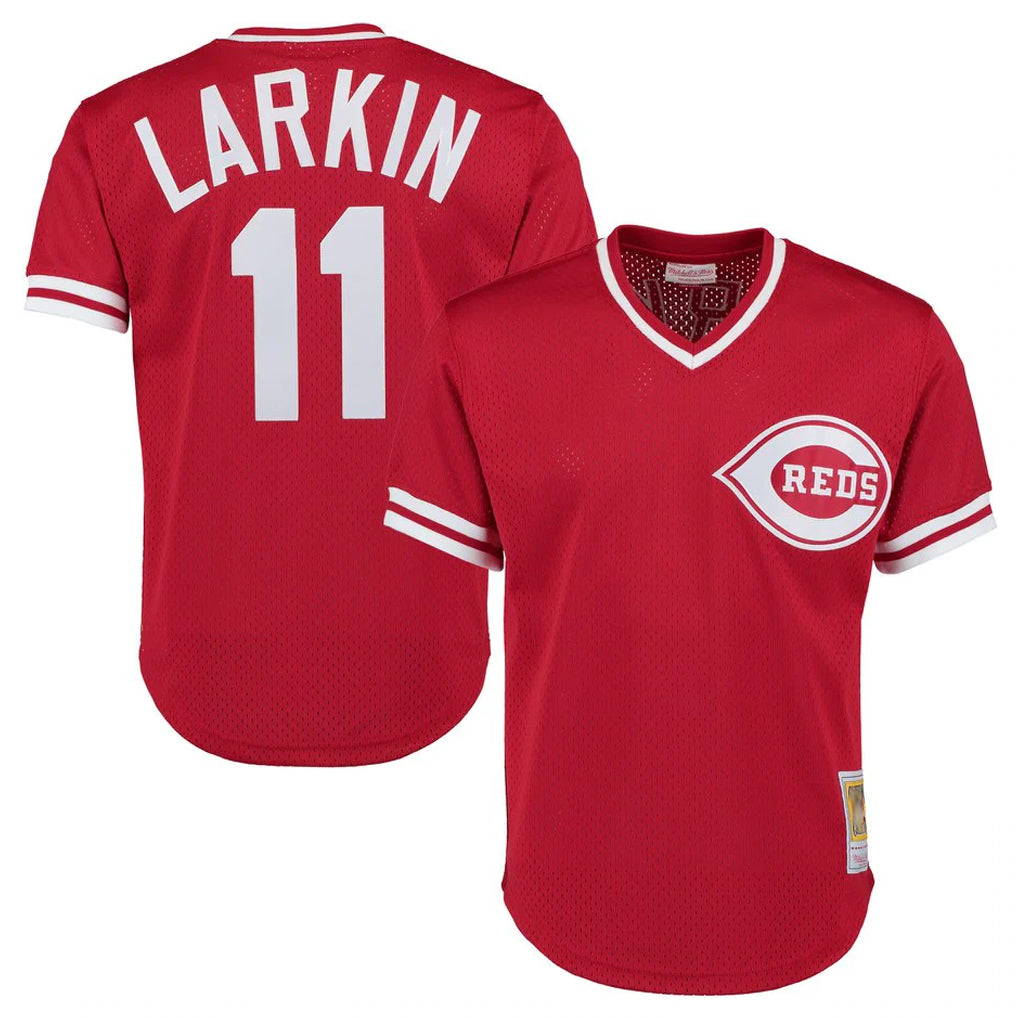 Tlead C.Reds #11 Barry Larkin Player Mitchell & Ness Red Throwback Cooperstown Mesh T-shirt Game Stitched Jerseys