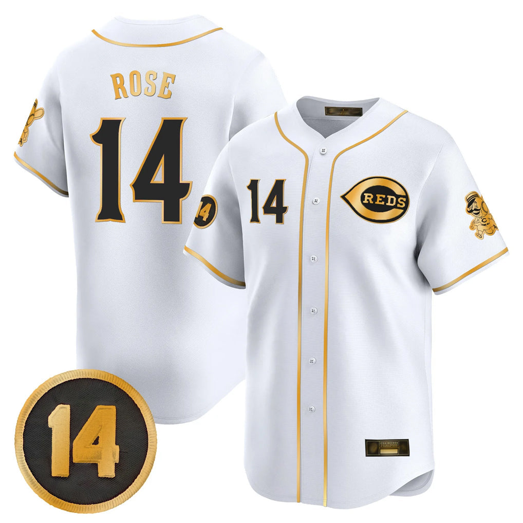 Tlead C.Reds #14 Pete Rose Player White-Gold Vapor Premier Limited Home Stitched Jerseys
