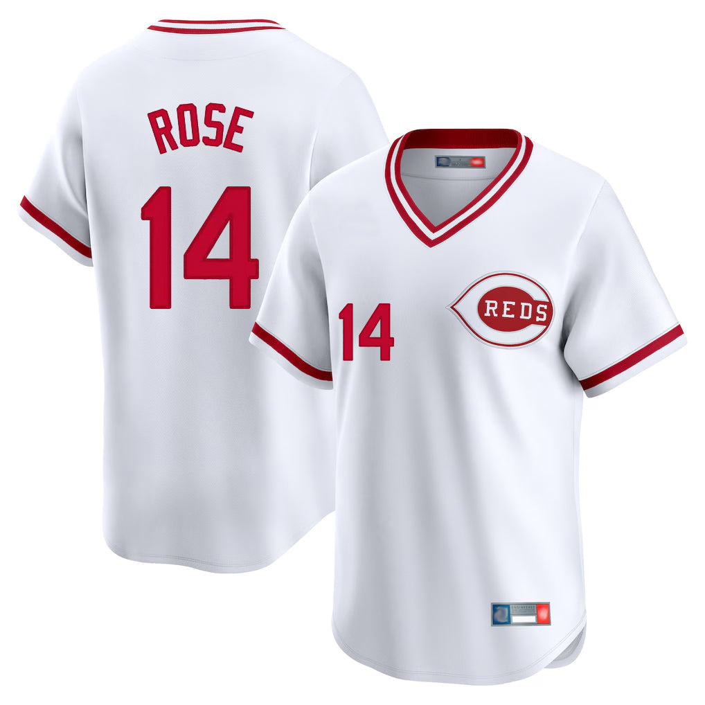 Tlead C.Reds #14 Pete Rose Player White Cooperstown Collection Limited T-shirt Home Stitched Jerseys