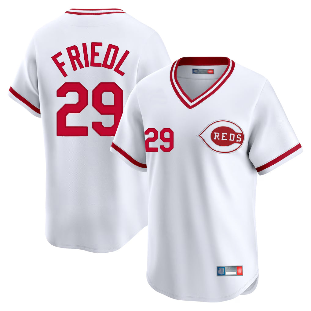 Tlead C.Reds #29 TJ Friedl Player White Cooperstown Collection Limited T-shirt Home Stitched Jerseys