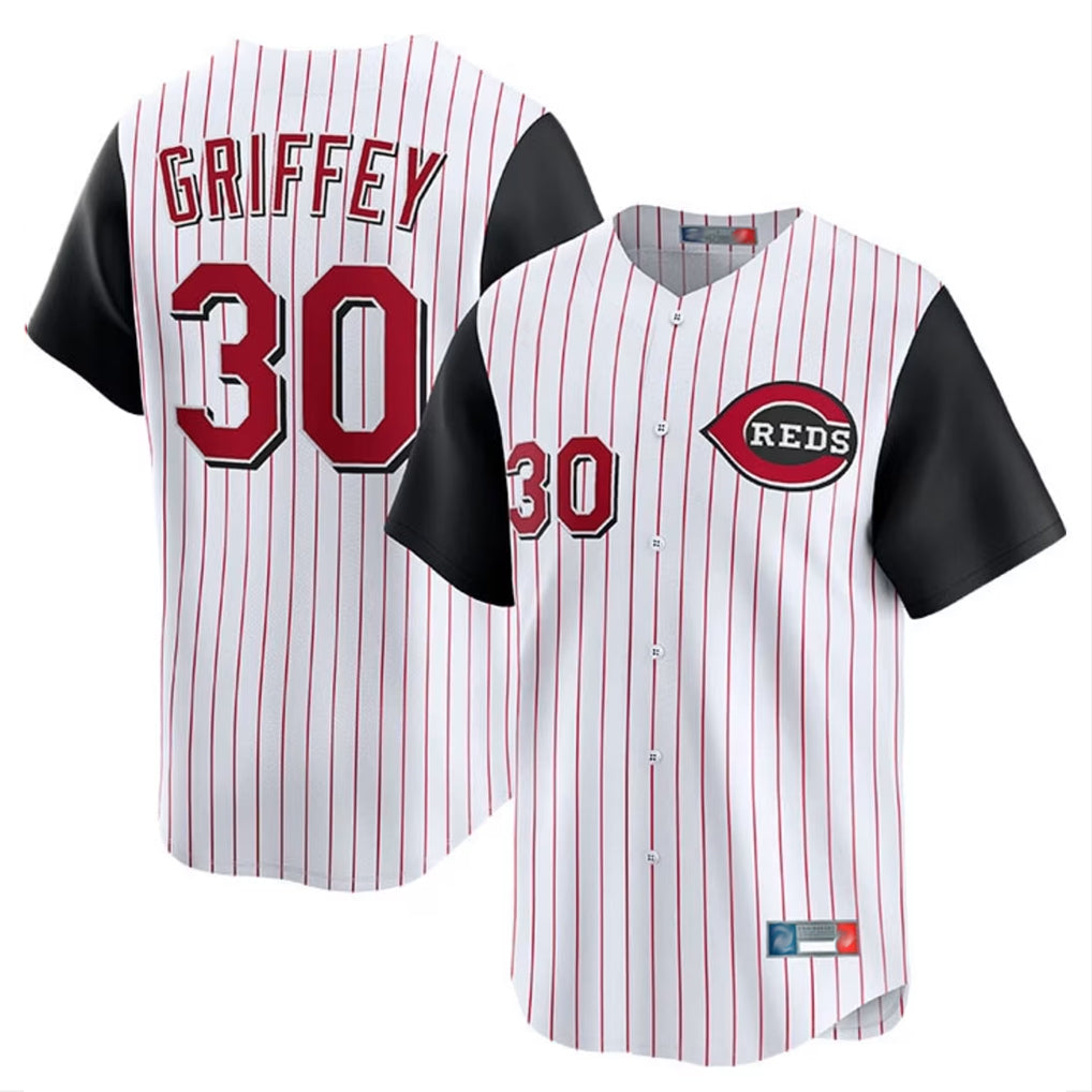 Tlead C.Reds #30 Ken Griffey Player White Black Stripe Field of Dreams Game Home Stitched Jerseys