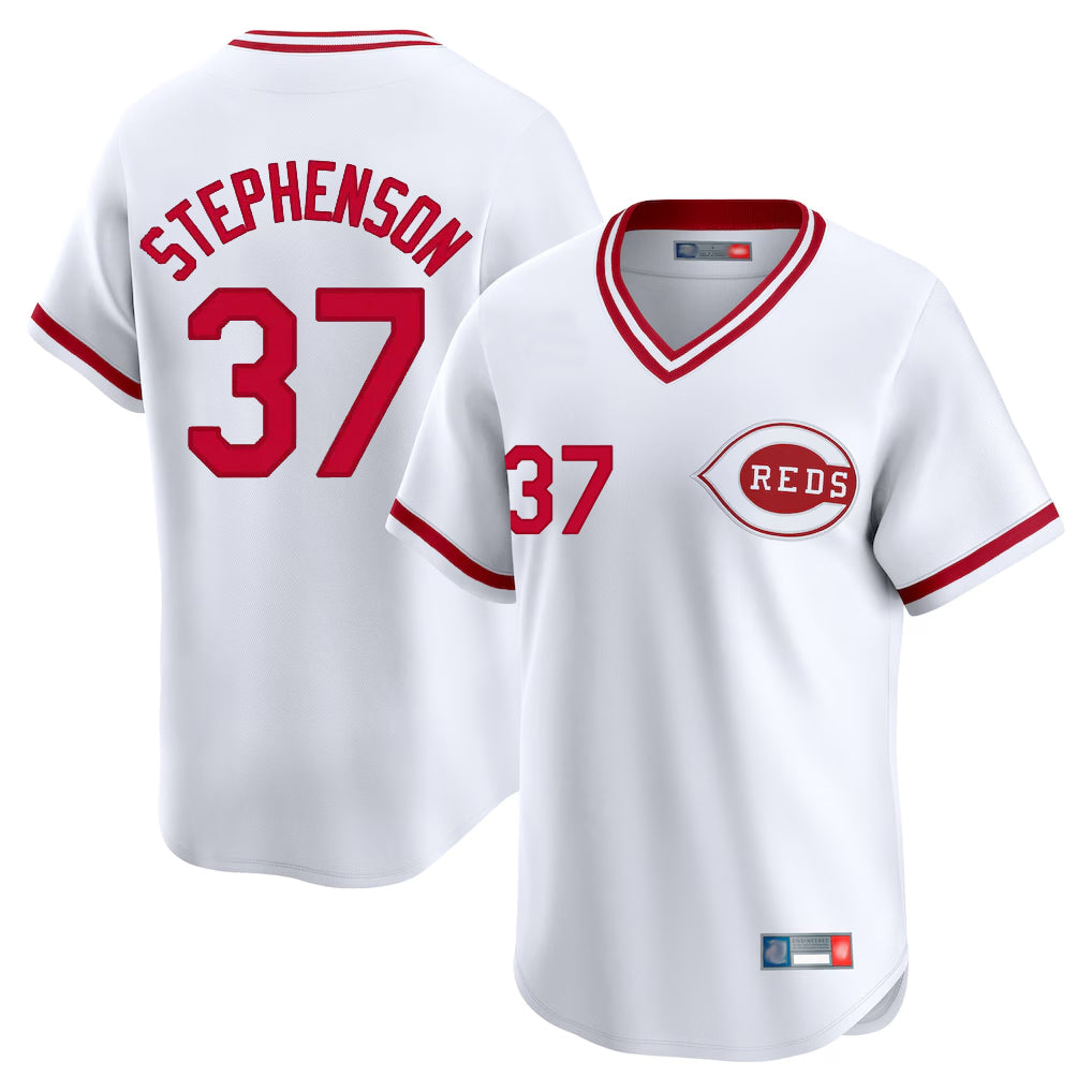 Tlead C.Reds #37 Tyler Stephenson Player White Cooperstown Collection Limited T-shirt Home Stitched Jerseys