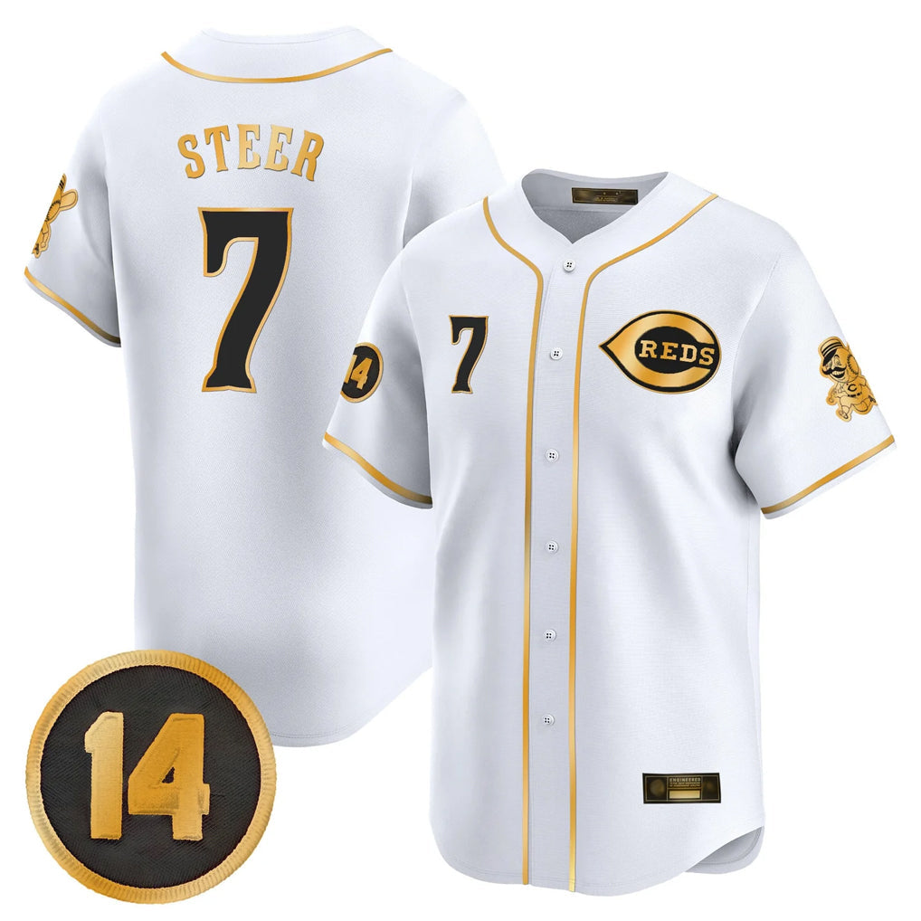 Tlead C.Reds #7 Spencer Steer Player White-Gold Vapor Premier Limited Home Stitched Jerseys