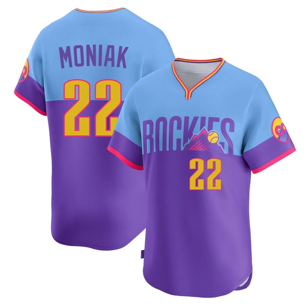 Tlead C.Rockies #22 Mickey Moniak Player Purple-Light Blue City Connect Limited Home T-shirt Stitched Jerseys