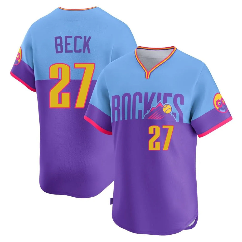 Tlead C.Rockies #27 Jordan Beck Player Purple-Light Blue City Connect Limited Home T-shirt Stitched Jerseys