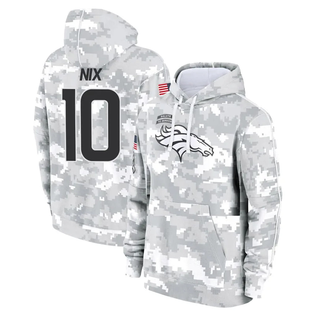 Tlead D.Broncos #10 Bo Nix Player Arctic Camo Salute to Service Hoodies Limited Game Stitched Jerseys