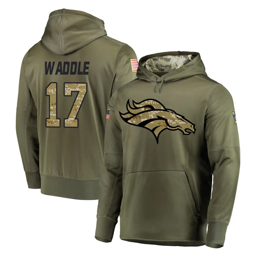 Tlead D.Broncos #17 Jaylen Waddle Player Olive Salute to Service Pullover Hoodies Home Game Stitched Jerseys