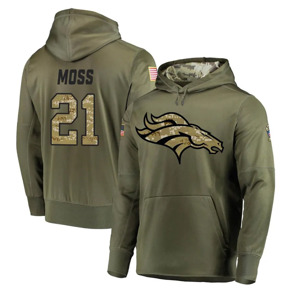 Tlead D.Broncos #21 Riley Moss Player Olive Salute to Service Pullover Hoodies Home Game Stitched Jerseys