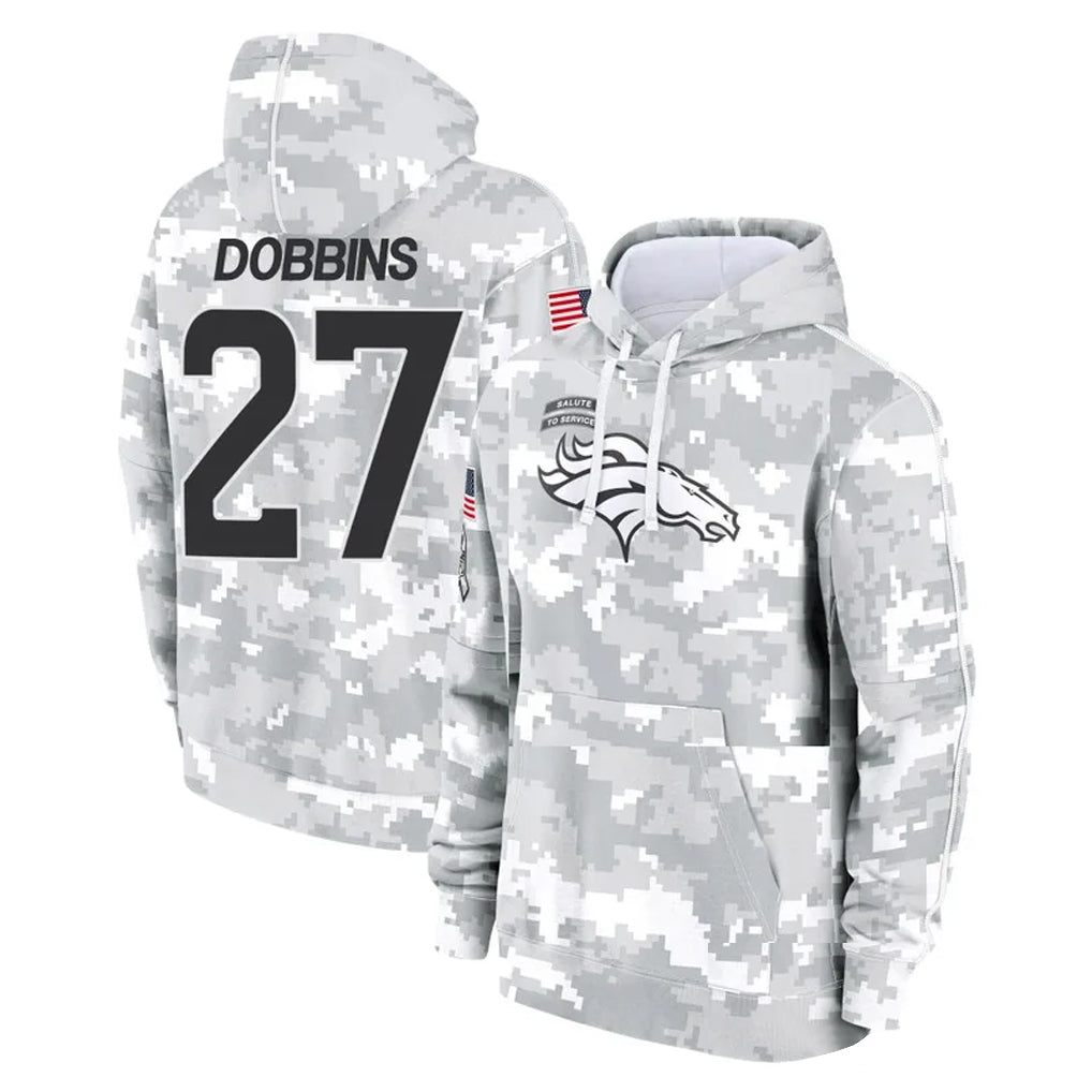 Tlead D.Broncos #27 J.K. Dobbins Player Arctic Camo Salute to Service Hoodies Limited Game Stitched Jerseys