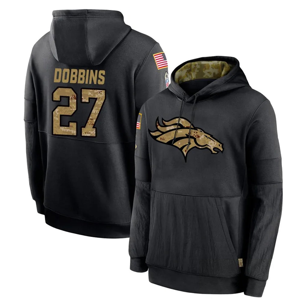 Tlead D.Broncos #27 J.K. Dobbins Player Black Salute to Service Pullover Hoodies Limited Stitched Jerseys