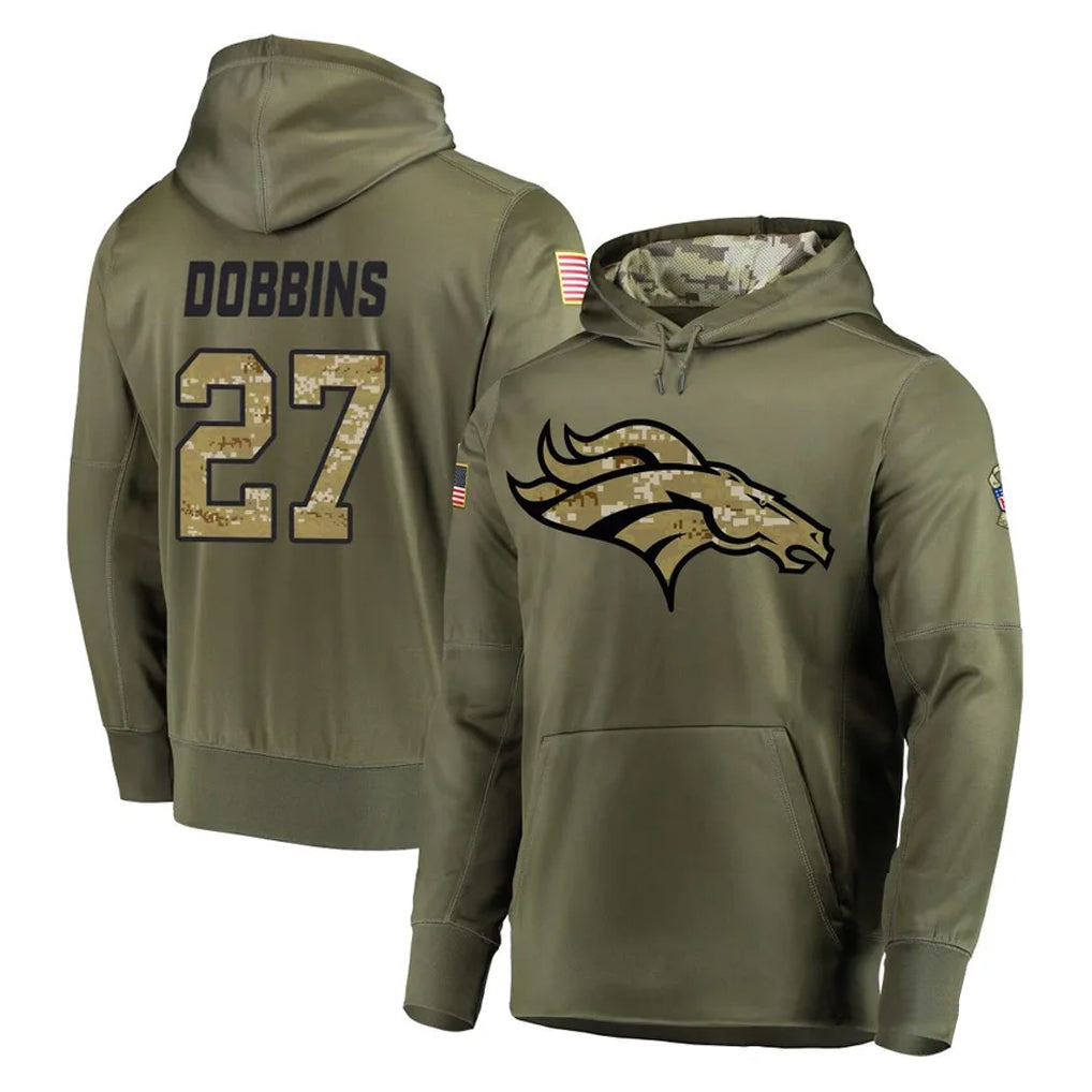 Tlead D.Broncos #27 J.K. Dobbins Player Olive Salute to Service Pullover Hoodies Home Game Stitched Jerseys
