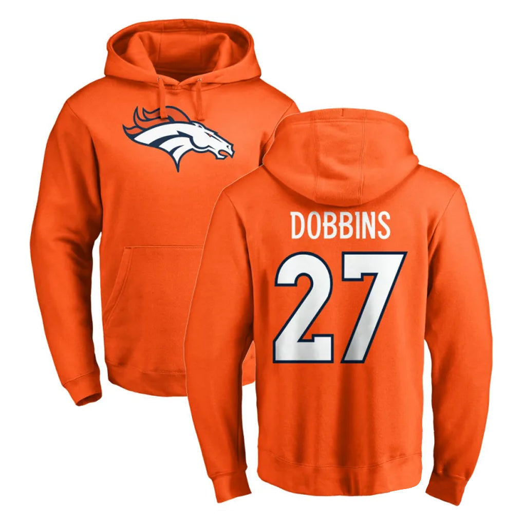 Tlead D.Broncos #27 J.K. Dobbins Player Orange Pullover Hoodie Limited Stitched Jerseys