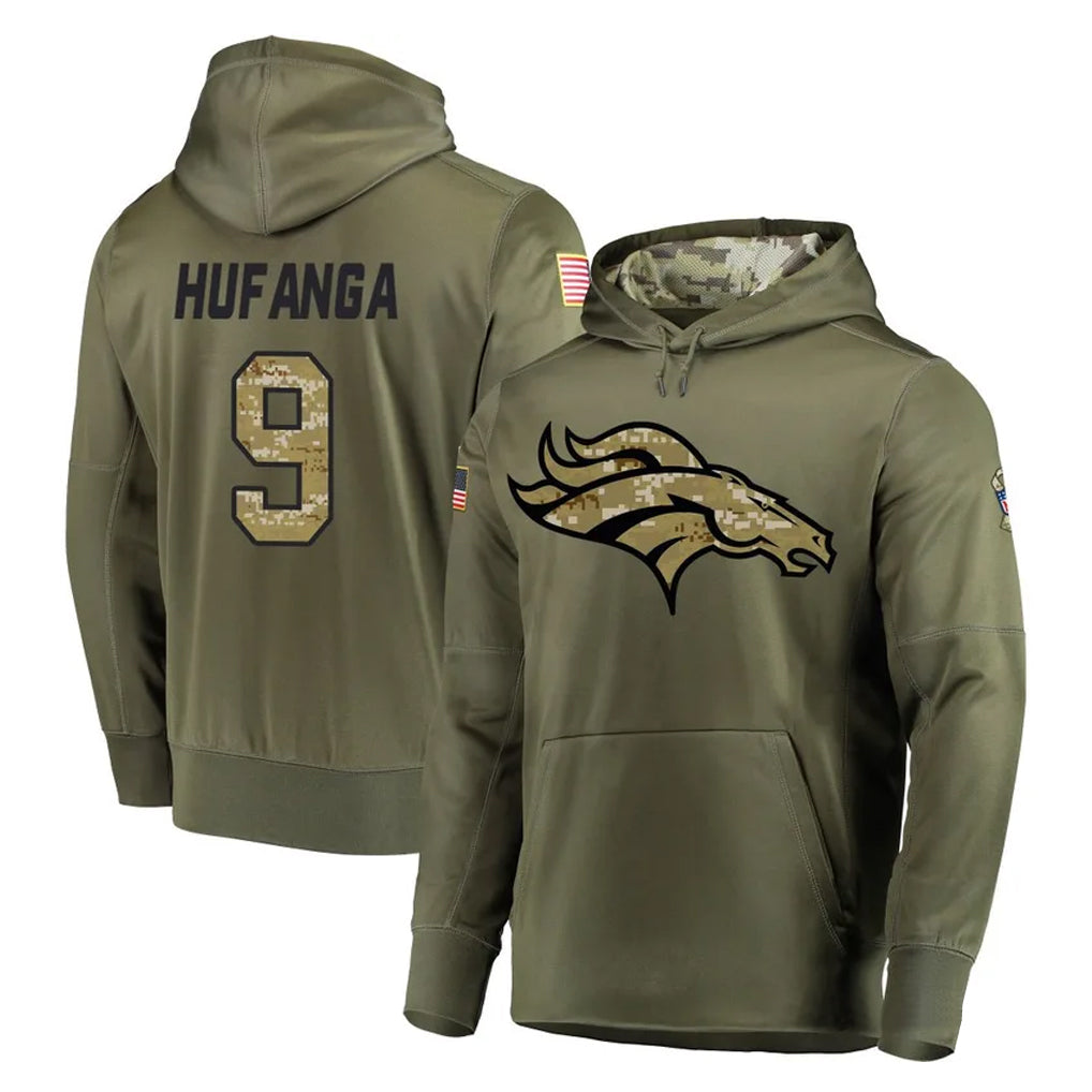 Tlead D.Broncos #9 Talanoa Hufanga Player Olive Salute to Service Pullover Hoodies Home Game Stitched Jerseys
