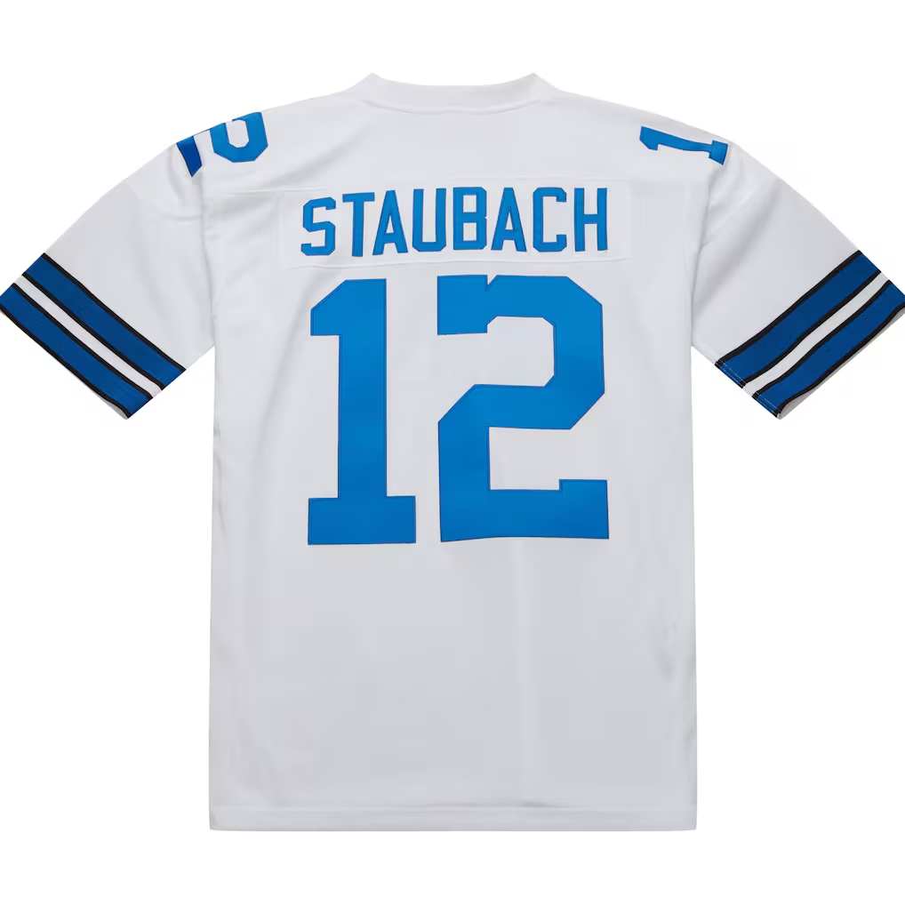 Tlead D.Cowboys 1975 #12 Roger Staubach Mitchell & Ness White Authentic Throwback Retired Player Stitched Puhic  Jersey