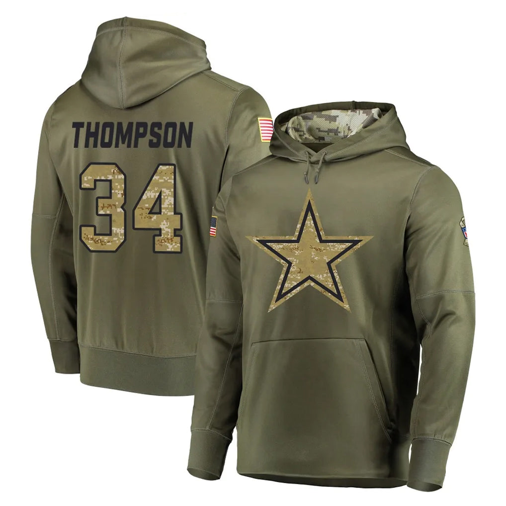 Tlead D.Cowboys #34 Jalen Thompson Player Olive Salute to Service Pullover Hoodies Home Game Stitched Jerseys
