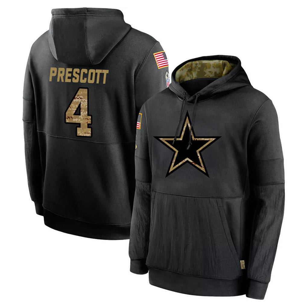 Tlead D.Cowboys #4 Dak Prescott Player Black Salute to Service Pullover Hoodies Limited Stitched Jerseys