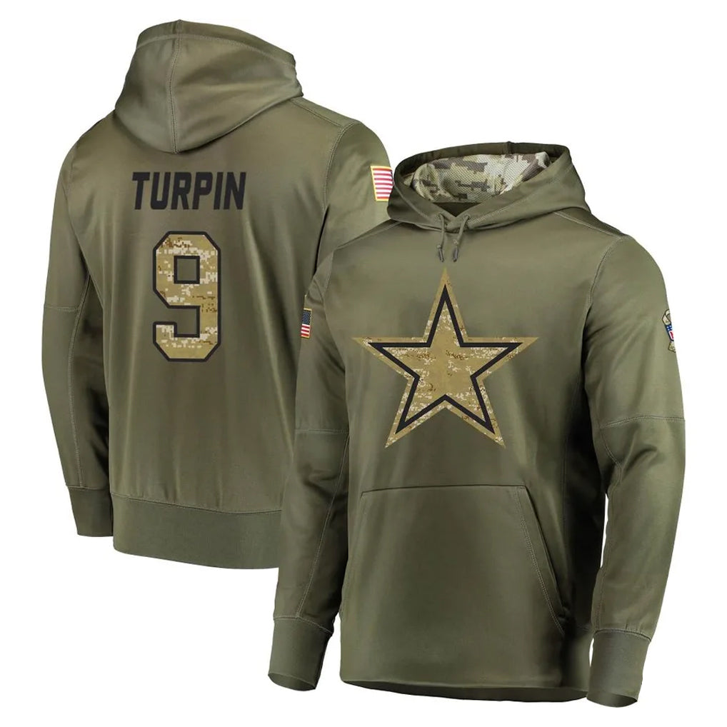 Tlead D.Cowboys #9 KaVontae Turpin Player Olive Salute to Service Pullover Hoodies Home Game Stitched Jerseys