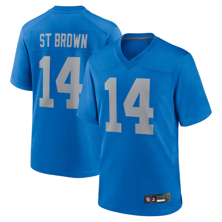 Tlead D.Lions Alternate Game Stitched Jerseys Throwback - Blue - #14 Amon-Ra St. Brown Player