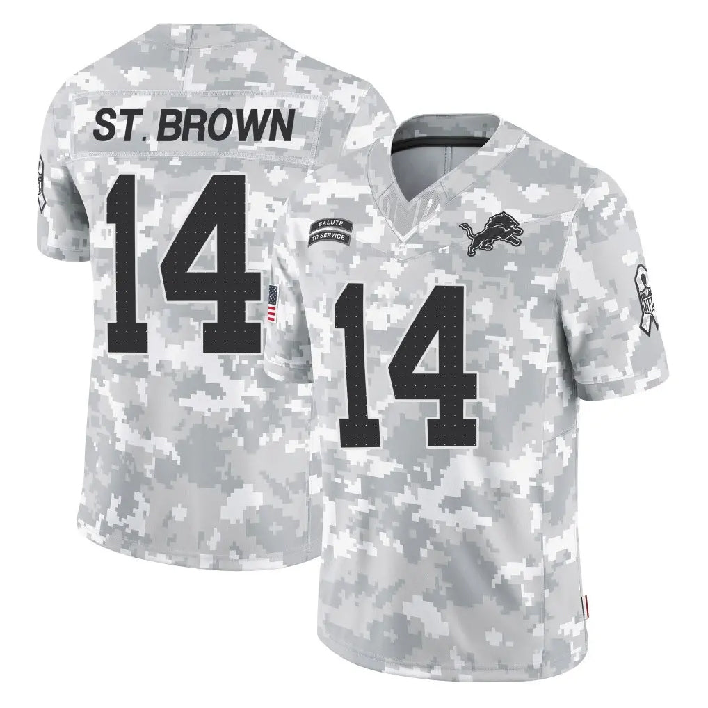 Tlead D.Lions #14 Amon-Ra St. Brown Player Arctic Camo Salute To Service Limited Stitched Jerseys