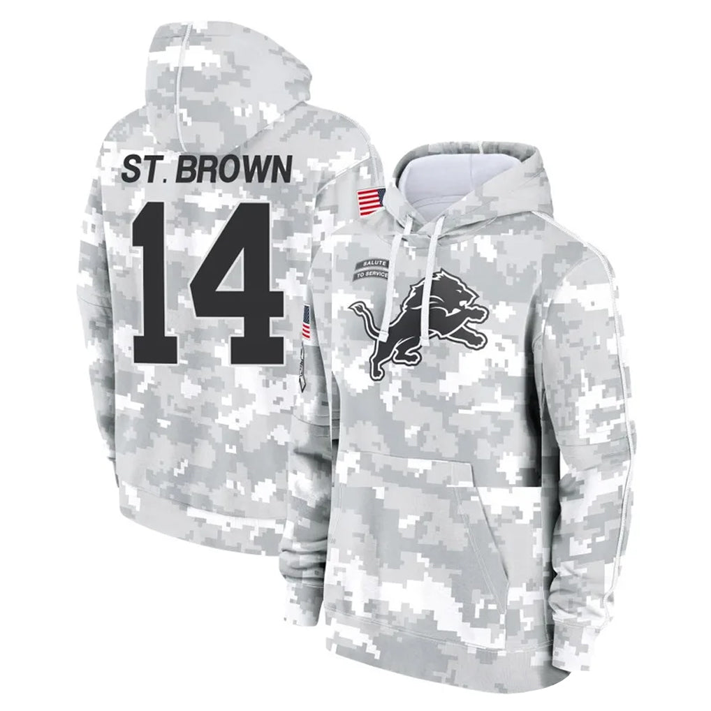 Tlead D.Lions #14 Amon-Ra St. Brown Player Arctic Camo Salute to Service Hoodies Limited Game Stitched Jerseys