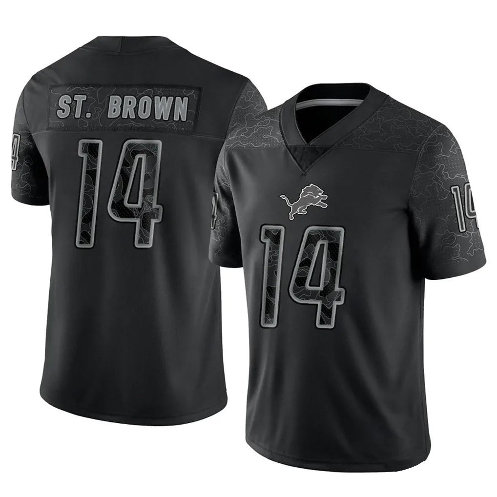 Tlead D.Lions #14 Amon-Ra St. Brown Player Black REFLECTIVE Limited Stitched Jerseys