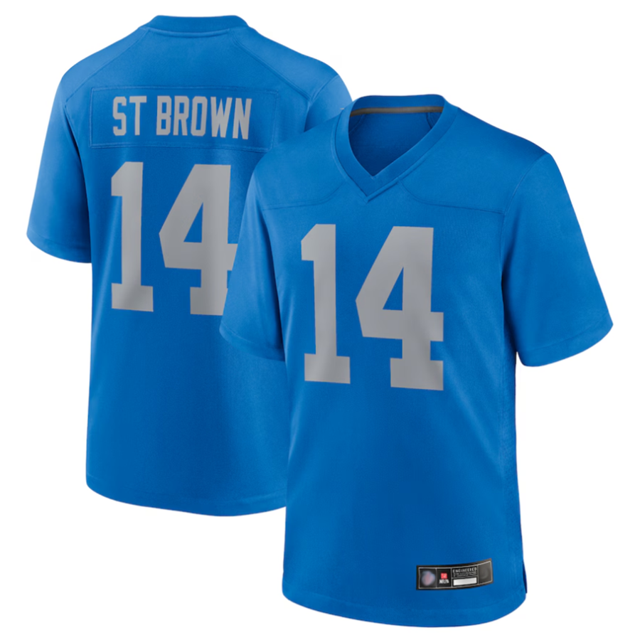 Tlead D.Lions #14 Amon-Ra St. Brown Player Blue Game Replica Stitched Jerseys
