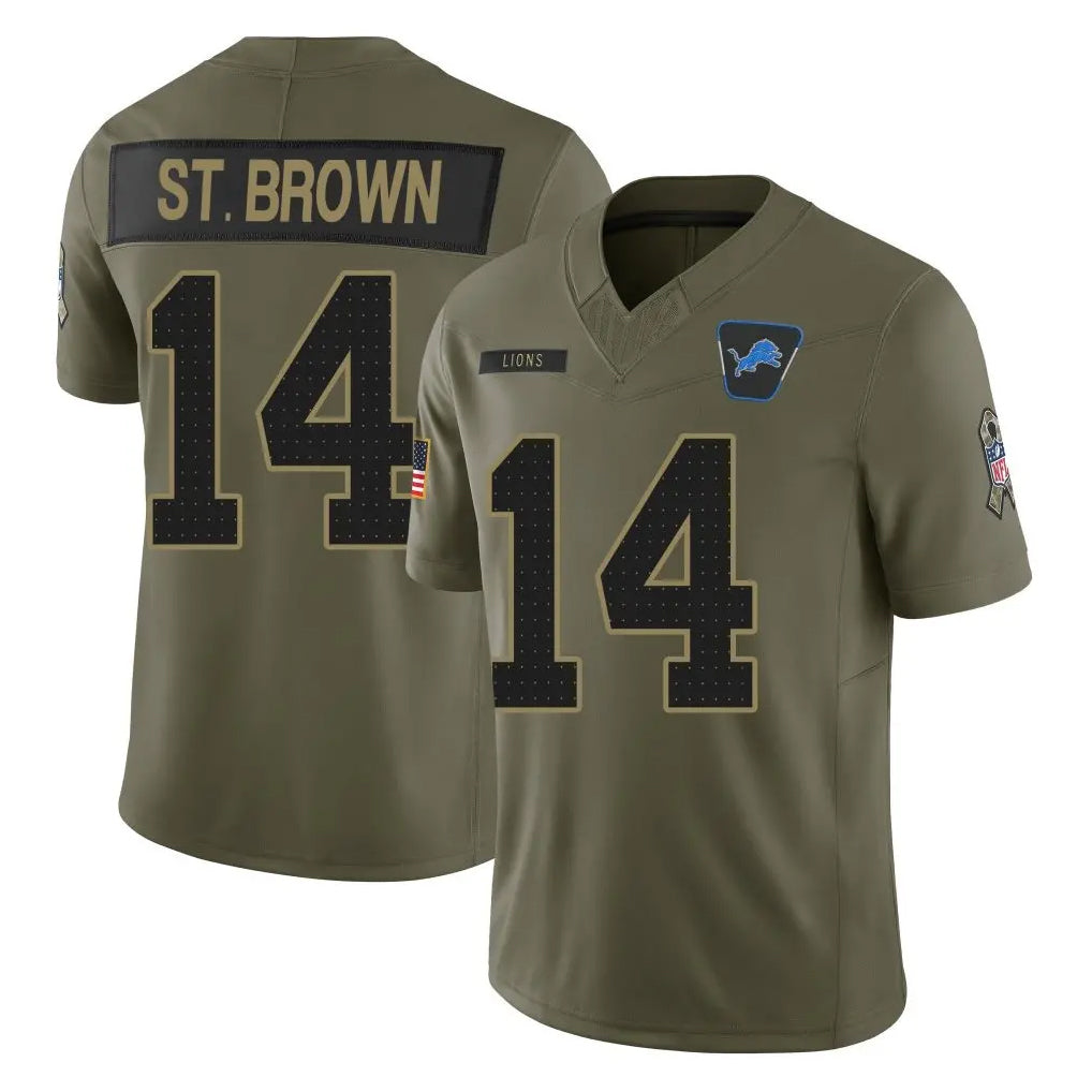 Tlead D.Lions #14 Amon-Ra St. Brown Player Olive 2025 Salute To Service Limited Home Game Stitched Jerseys