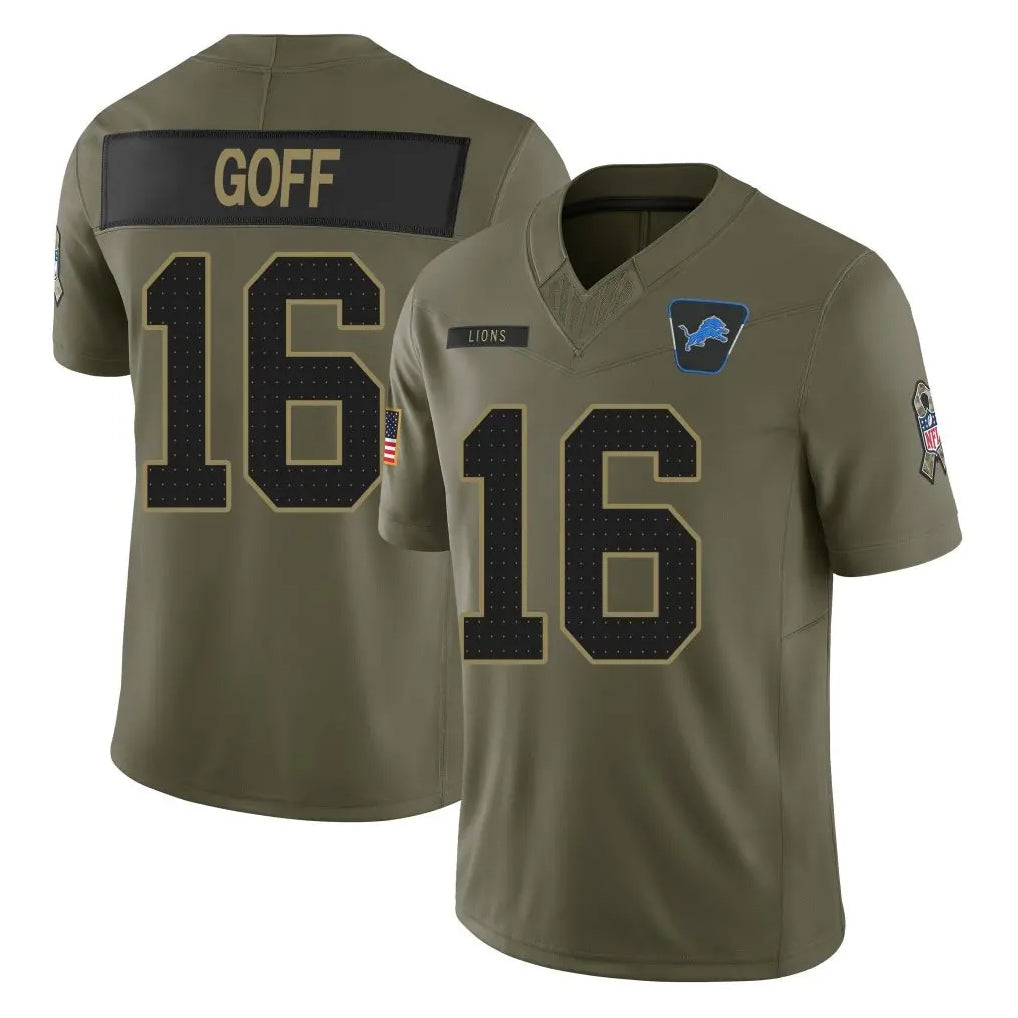 Tlead D.Lions #16 Jared Goff Player Olive 2025 Salute To Service Limited Home Game Stitched Jerseys