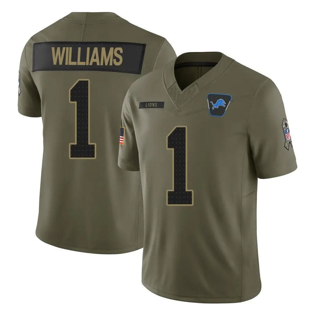 Tlead D.Lions #1 Jameson Williams Player Olive 2025 Salute To Service Limited Home Game Stitched Jerseys