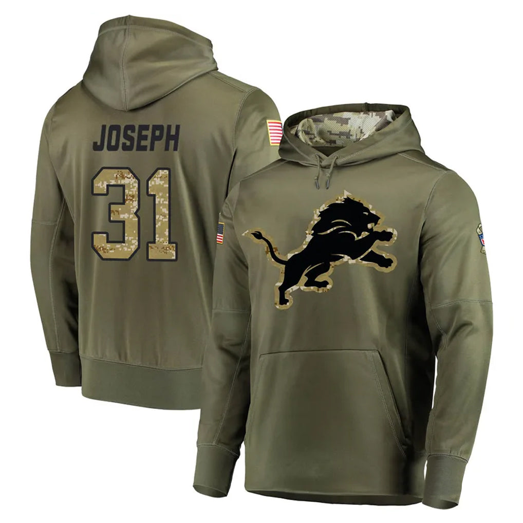 Tlead D.Lions #31 Kerby Joseph Player Olive Salute to Service Pullover Hoodies Home Game Stitched Jerseys