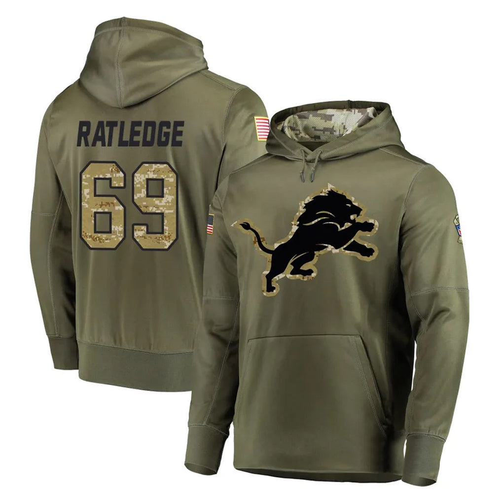 Tlead D.Lions #69 Tate Ratledge Player Olive Salute to Service Pullover Hoodies Home Game Stitched Jerseys