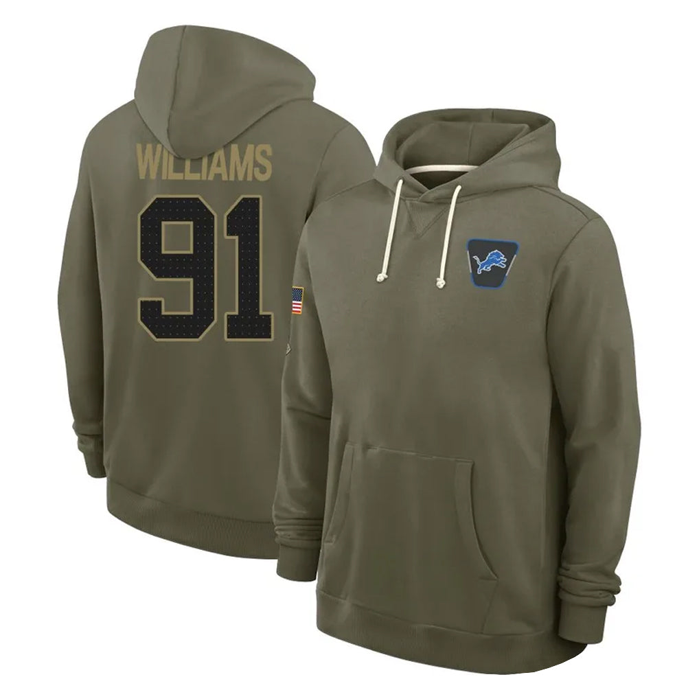 Tlead D.Lions #91 Tyleik Williams Player Olive Salute to Service Pullover Hoodies Limited Stitched Jerseys