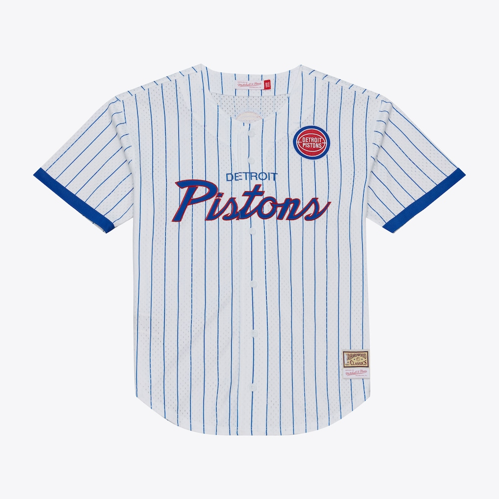 Tlead D.Pistons Mitchell & Ness White Head Coach Pinstripe Mesh Full-Button Baseball Jerseys