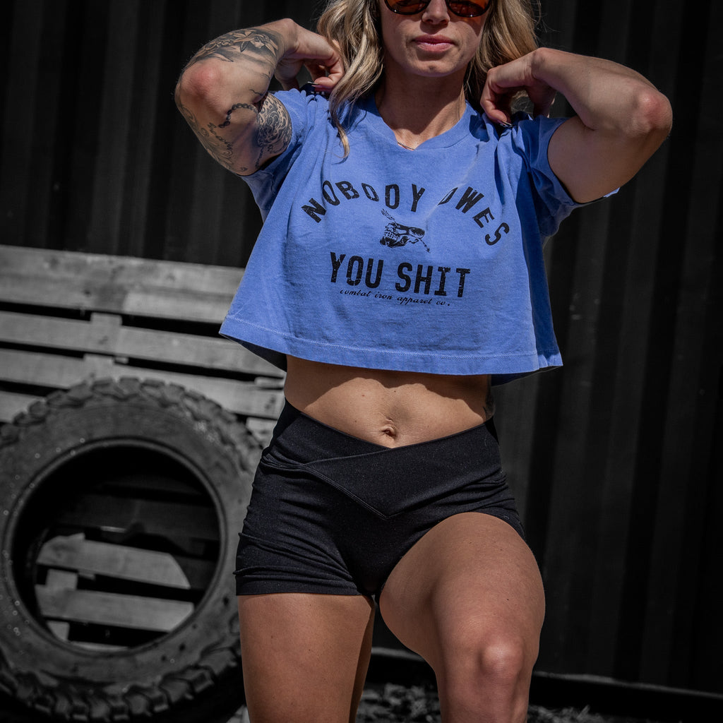 CustomNameinc cheap jerseys Ordering Nobody Owes You Shit Skull Women's Crop Heavyweight Tee