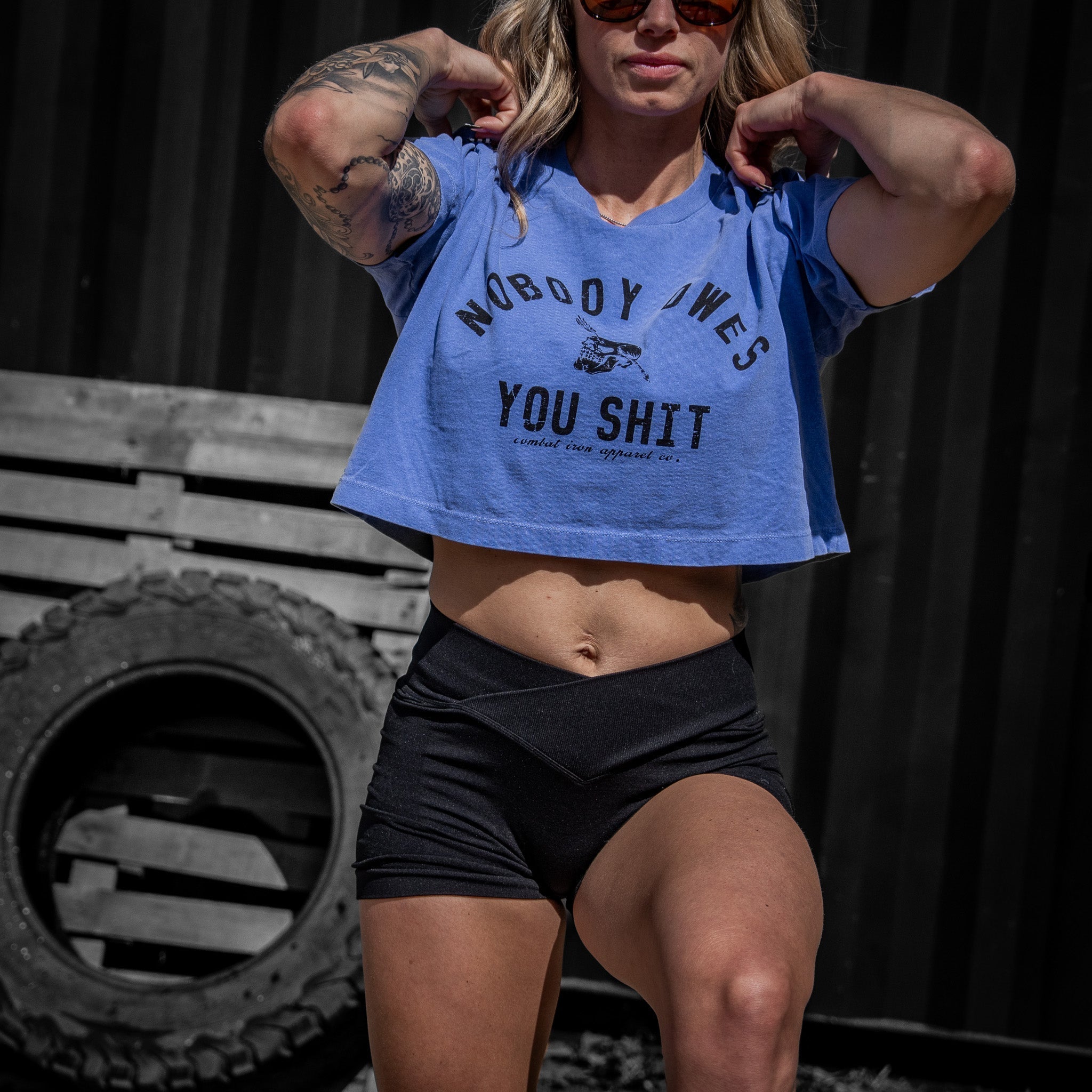 CustomNameinc cheap jerseys Ordering Nobody Owes You Shit Skull Women's Crop Heavyweight Tee