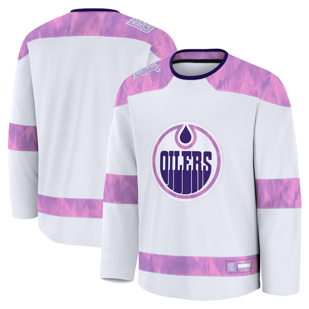 Tlead E.Oilers White 2024 Hockey Fights Cancer Practice Jerseys