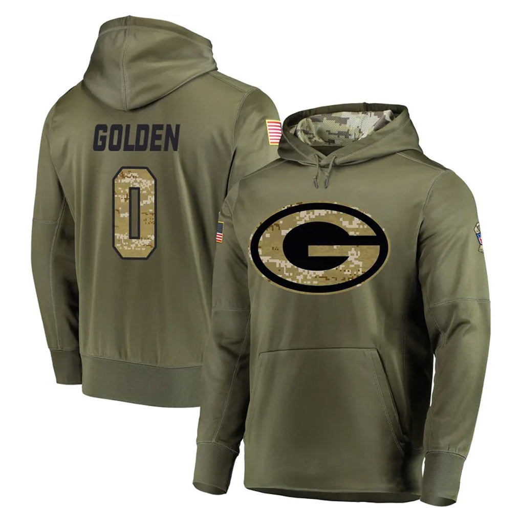 Tlead GB.Packers #0 Matthew Golden Player Olive Salute to Service Pullover Hoodies Home Game Stitched Jerseys