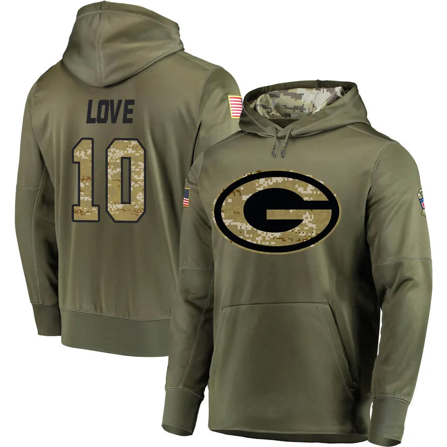 Tlead GB.Packers #10 Jordan Love Player Olive Salute to Service Pullover Hoodie Game Stitched Jerseys