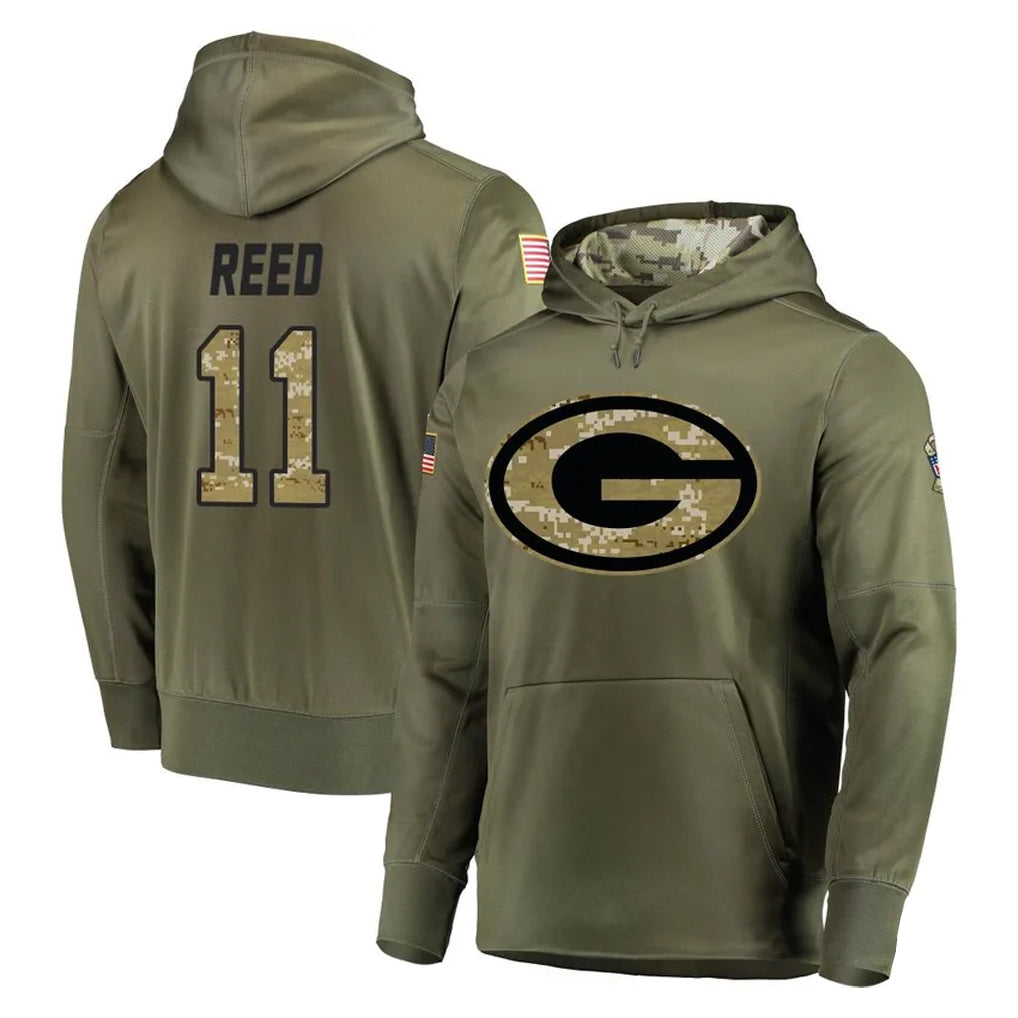 Tlead GB.Packers #11 Jayden Reed Player Olive Salute to Service Pullover Hoodies Home Game Stitched Jerseys