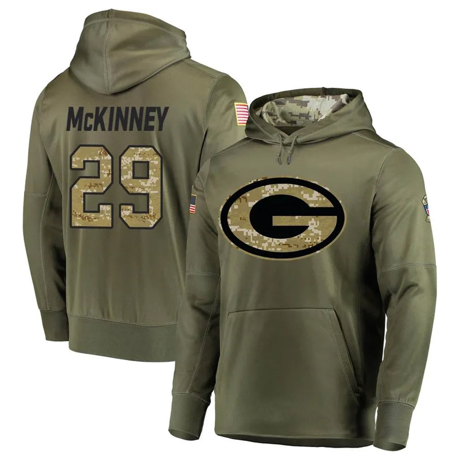 Tlead GB.Packers #29 Xavier McKinney Player Olive Salute to Service Pullover Hoodie Game Stitched Jerseys