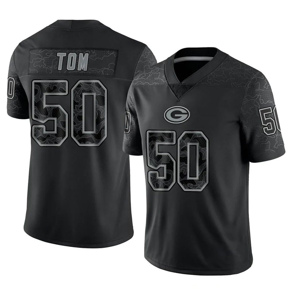 Tlead GB.Packers #50 Zach Tom Player Black Reflective Limited Home Game Stitched Jerseys