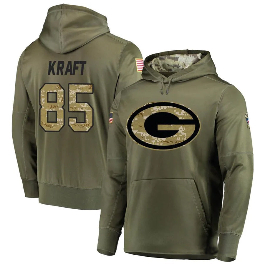 Tlead GB.Packers #85 Tucker Kraft Player Olive Salute to Service Pullover Hoodie Game Stitched Jerseys