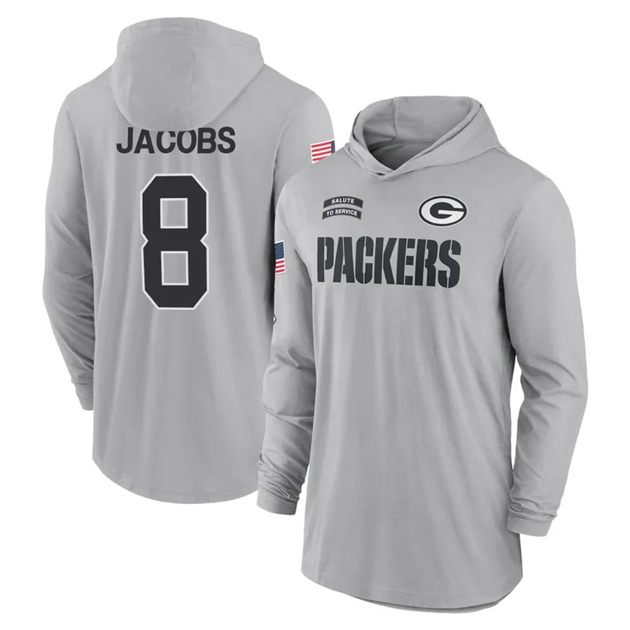 Tlead GB.Packers #8 Josh Jacobs Player Gray Salute to Service Hoodies Game Stitched Jerseys