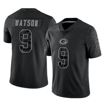 Tlead GB.Packers #9 Christian Watson Player Black Reflective Limited Home Game Stitched Jerseys