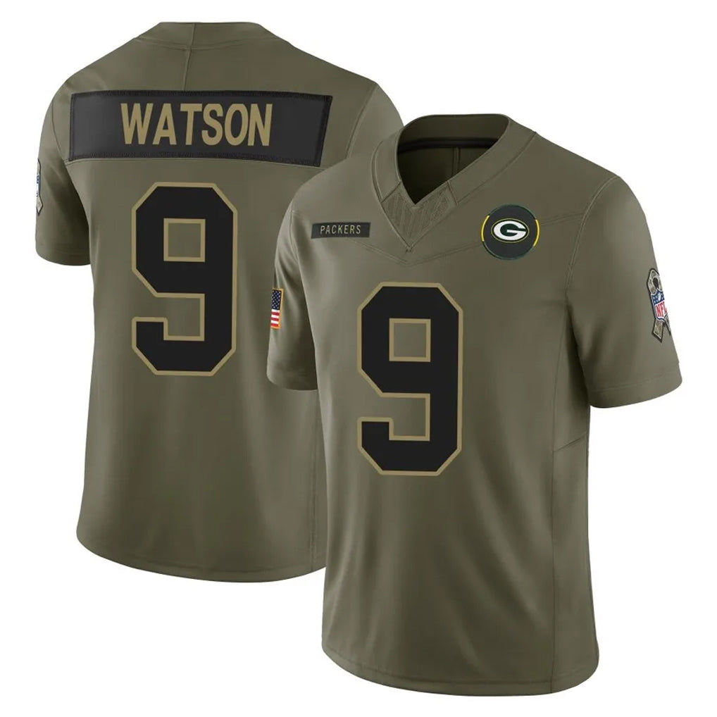 Tlead GB.Packers #9 Christian Watson Player Olive 2025 Salute To Service Limited Home Game Stitched Jerseys