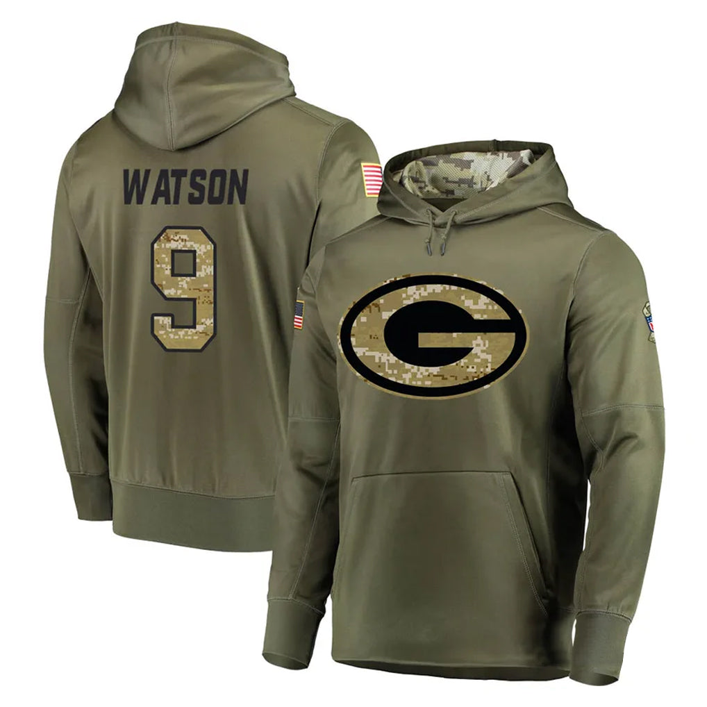 Tlead GB.Packers #9 Christian Watson Player Olive Salute to Service Pullover Hoodies Home Game Stitched Jerseys