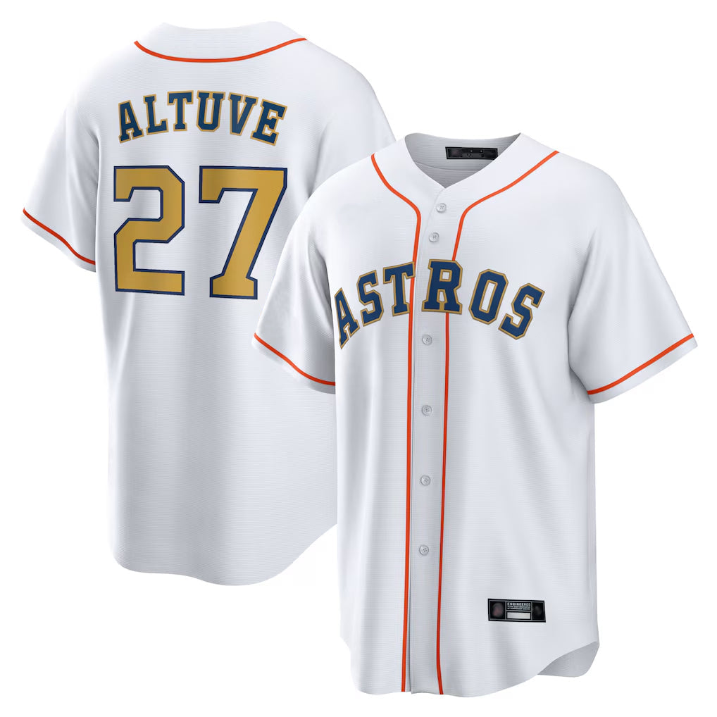 Tlead H.Astros #27 Jose Altuve Player White Gold Collection Game Home Stitched Jerseys