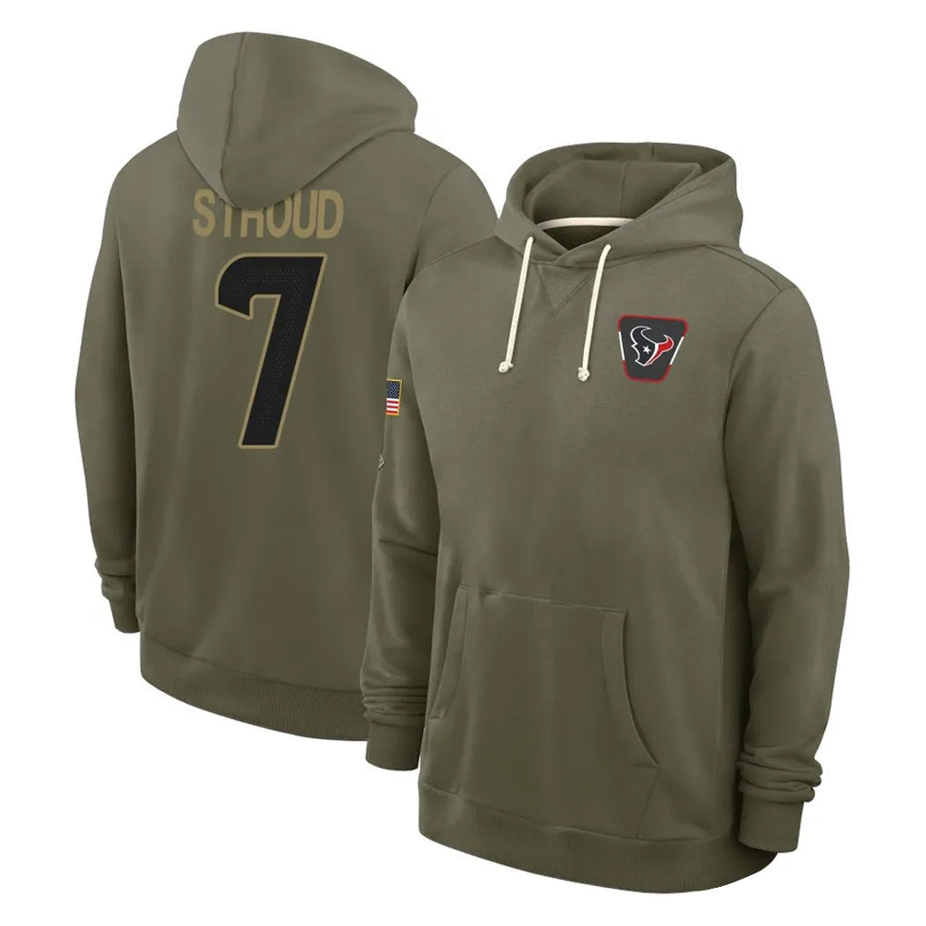 Tlead H.Texans #7 CJ Stroud Player Olive Salute to Service Pullover Hoodies Limited Stitched Jerseys